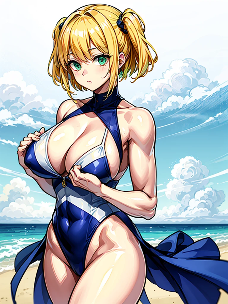 (((masterpiece、Highest image quality、highest quality、highly detailed unity 8kwallpaper)))、((Illustration of one girl))、(((beautiful girl、cool)))、((blonde、pixie cut:1.2、two side up、sidelocks、green eyes))、(((tall:1.3、stocky build:1.2, thickset physique:1.3, muscular legs, broad shoulders:1.2, solid chest)))、swimsuit、sandy beach