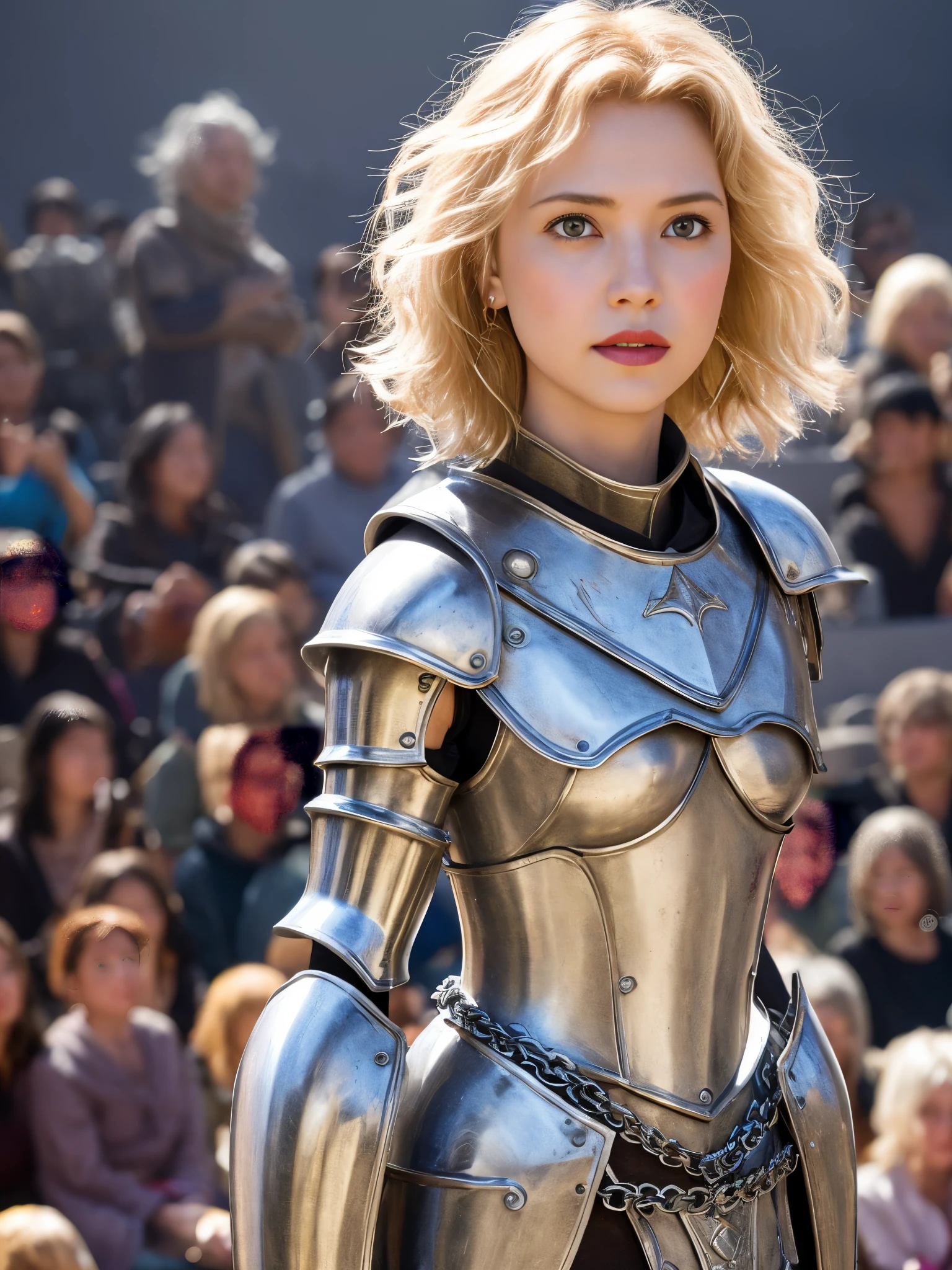 1 girl, Middle Earth Paladin ,Wearing armor ,Magic sword and powerful shield, Detail armor, Rusty armor, chain armor, Queen's Crown, Fight goblins to protect innocent villagers, witch, short, thin, square face, olive skin, platinum blonde, golden eyes, short Nose, thin Lips, round chin, Shoulder length hair, curls, blunt bangs, soft breasts, hug earrings, lavender satin lipstick, volcanic wasteland, River of fire flows into molten sea, (close up:1), (look at the audience),8k, (best quality:1.2), (masterpiece:1.37), (photo, photorealistic:1.37), (ultra high resolution), photographed by Canan EOS R6, 135mm, 1/1/2.8, ISO 400