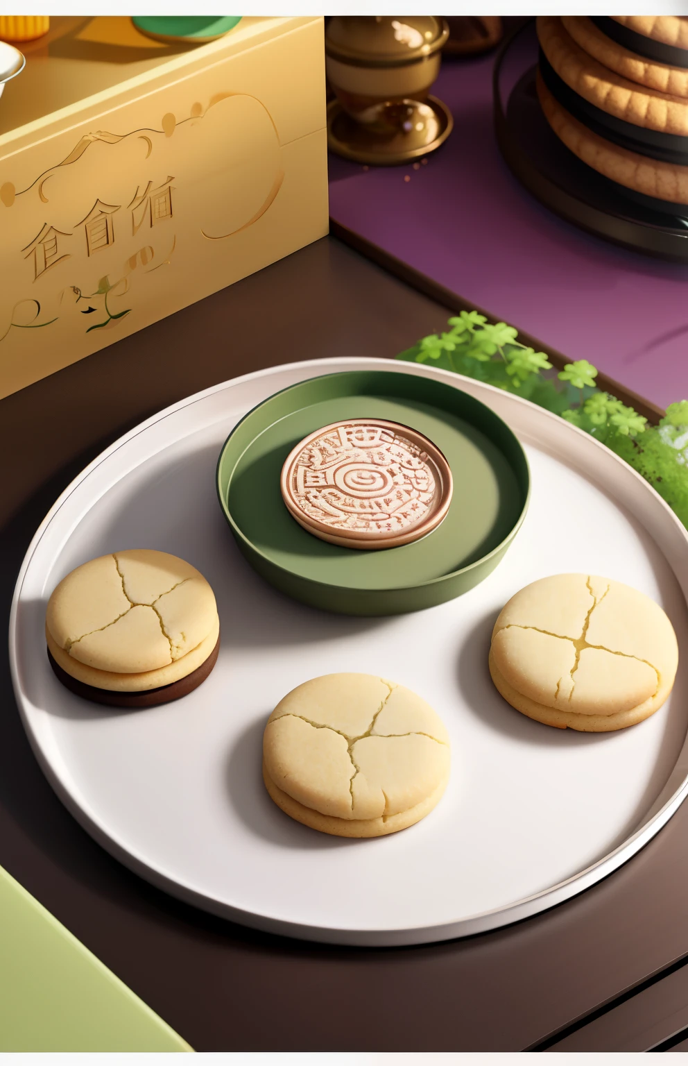 There are three small plates of cookies on the table,There is also a teapot, High-end Chinese pastries, pastel colorful mold, plant blur prospects,best quality,from above,high details,8k