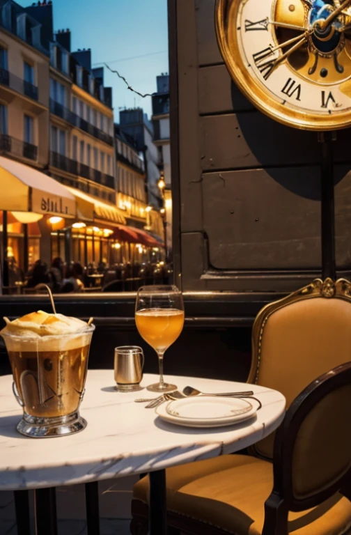 Summer evening, Parisian cafe. Close up. Served table in a cafe.  Salvador Dali eats melting clock with fork. Facing the viewer.