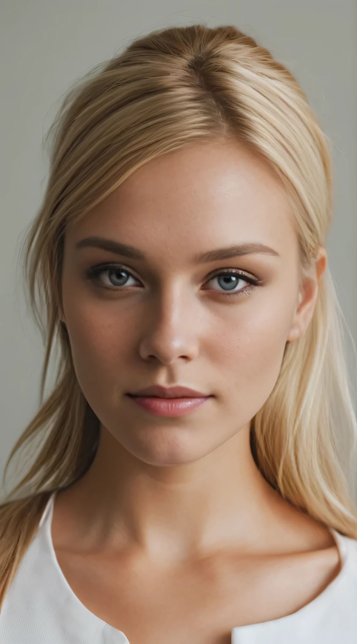 blonde hair tied woman, photo straight from the front, neutral face, european, no background, passport photo, no shadows, looking in to the camera 