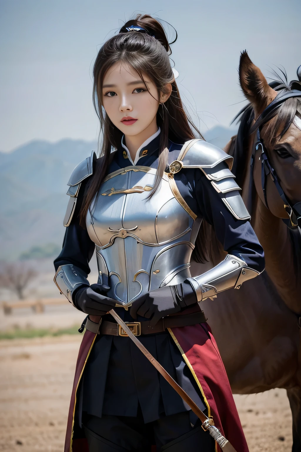 Chinese female general,Hua Mulan,Leather armor lined with reddish brown tabard,battlefield background,Bundle hair,