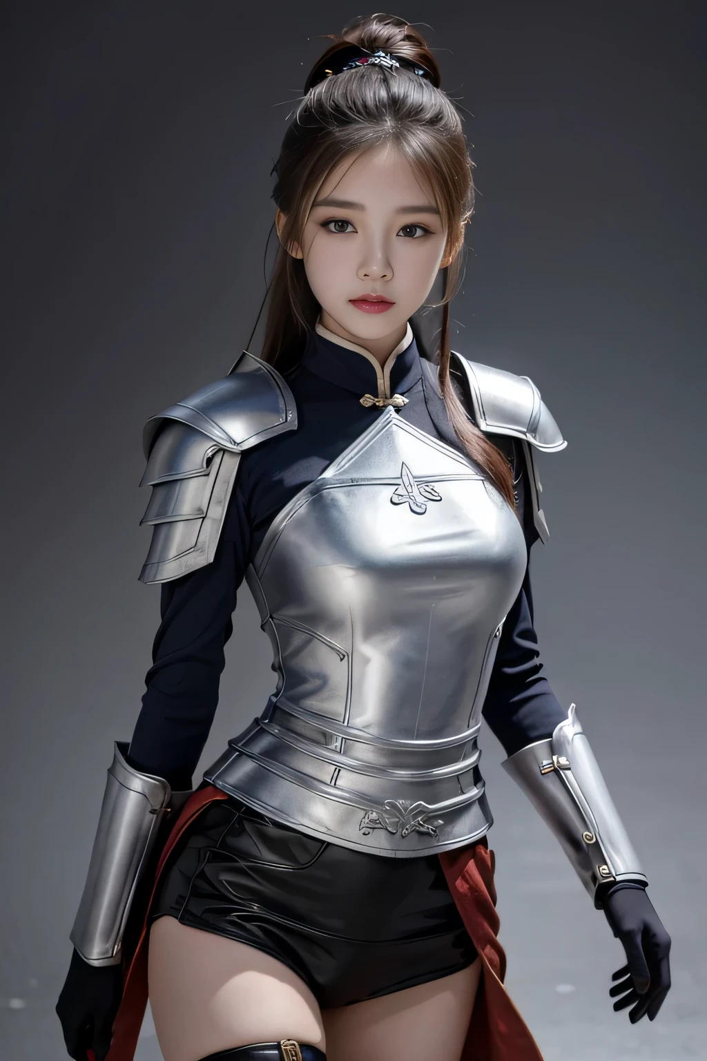 Chinese female general,Hua Mulan,Leather armor lined with reddish brown tabard,battlefield background,silver helmets