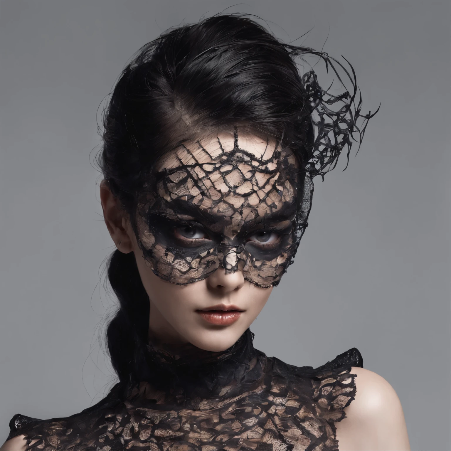 Stylish portraits full of exotic and mysterious images、Weird hairstyle horizontal diffusion、Apply paint-like eyeshadow around the eyes、Detailed skin expression、Apply on face、gauze of melancholy、He wears a black mask,There is a mouth with fangs printed on it.8k、Top image quality、real picture、Surrealism