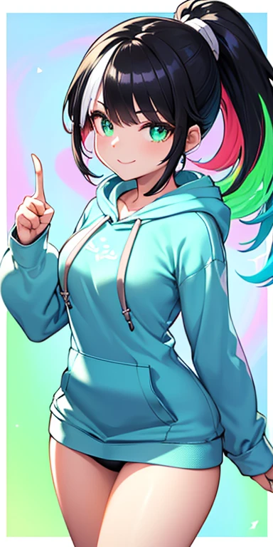 (black hair,colorful fluorescence multicolored hair:1.5,ponytail:1.5), (masterpiece, sidelights, exquisite beautiful eyes: 1.5), masterpiece*portrait, realistic, ((Colorful background of different colors:1.5)),(Gentle face:1.5),colorful,3D face,(cute face),front view: 1.6、(double finger gun sign:1.5)、 (glowing green eyes:1.2),(tareme:1.5)、(cute smile:1.5),,Slim Body, shiny hair, shiny skin: 1.5、medium breasts,、solo,(stand)、(hoodie:1.5)、(charactor focus:1.5、portlate、eye focus,cowboy shot)、bright atmosphere,intricatedetails
