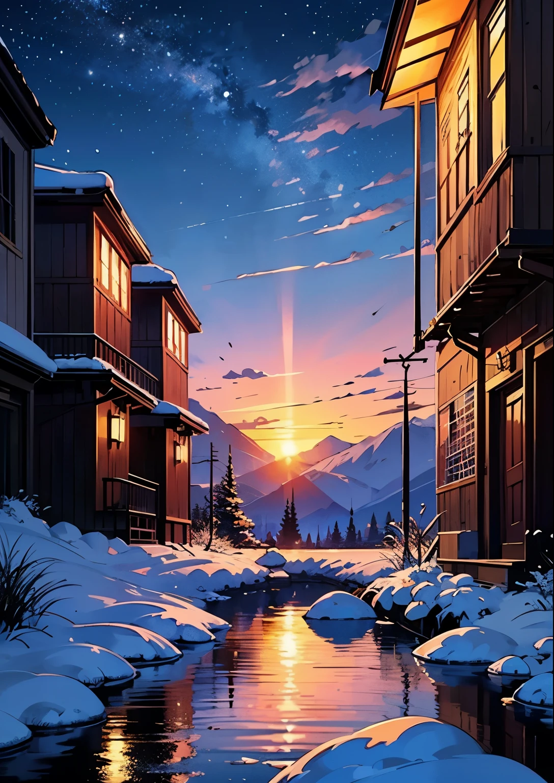 Landscape of mountain and evening golden view of winter feel on nostalgia and 1990