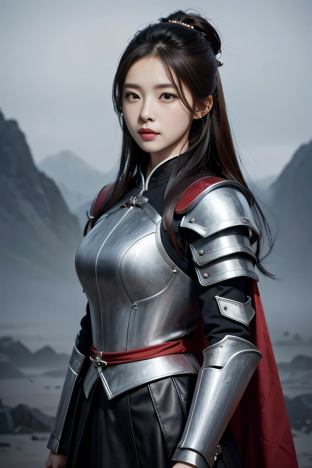Chinese female general,Hua Mulan,Leather armor lined with reddish brown tabard,battlefield background,Bundle hair,