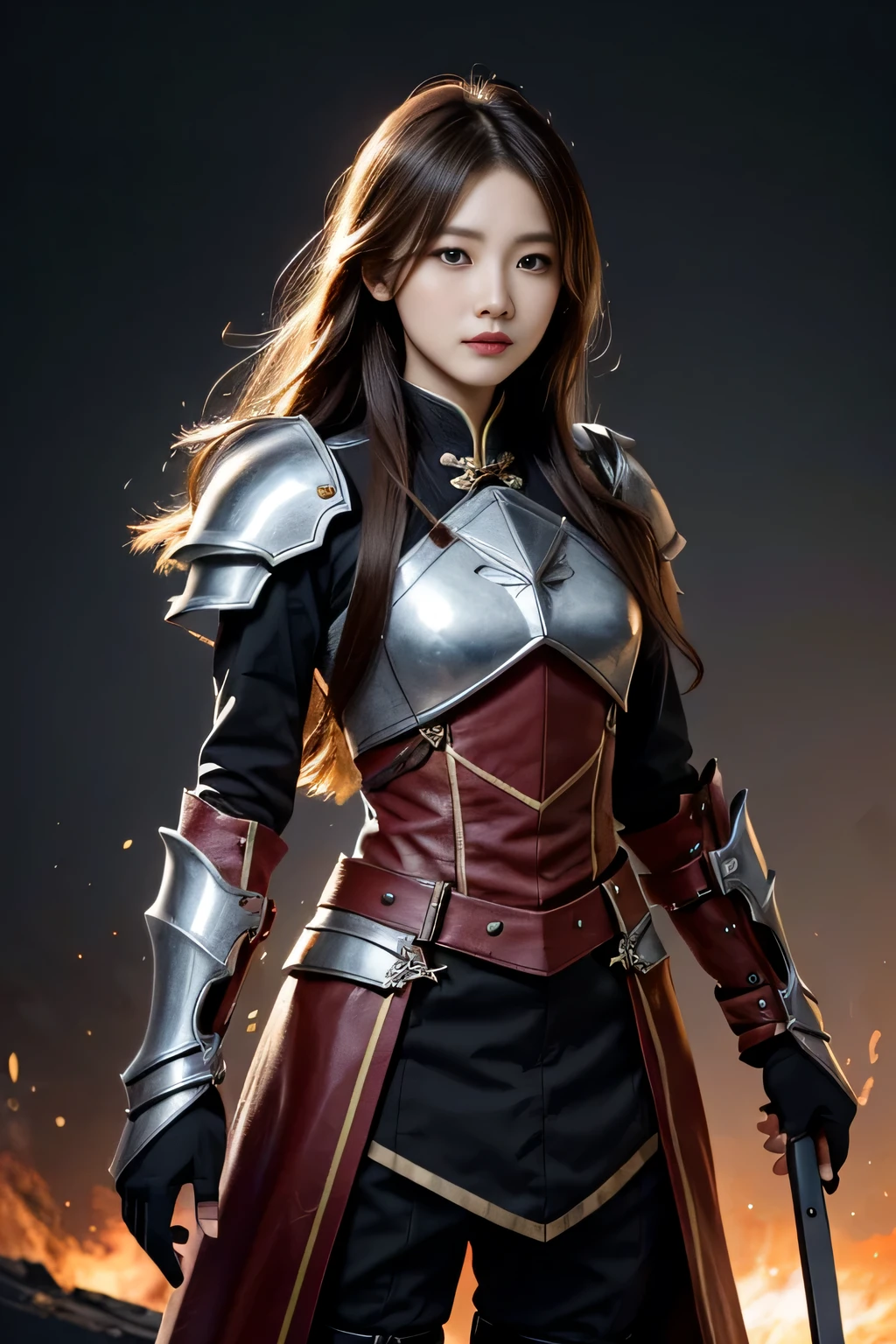 Chinese female general,Leather armor lined with reddish brown tabard,battlefield background,Bundle hair,