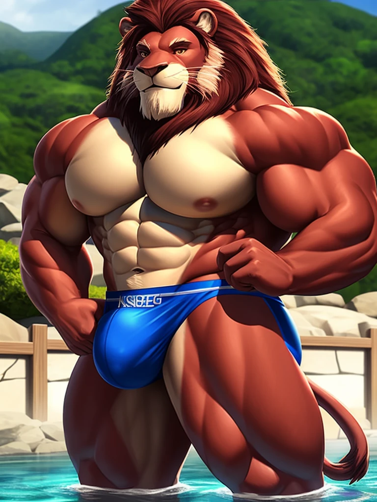 muscular old man soak in the onsen, shorts, furry, an anthro (burgundy lion), an anthto, a old man big muscular, happy expression, detailed face, face, detailed eyes, eyes, really big muscle, bigger muscle, very big muscular, over sized muscle, biggest muscle, big pec muscular, biggest pec muscle, detailed muscle, realistic rendering, CG realistic, 3d realistic, photography, background, detailed speedo, big underwear bulge