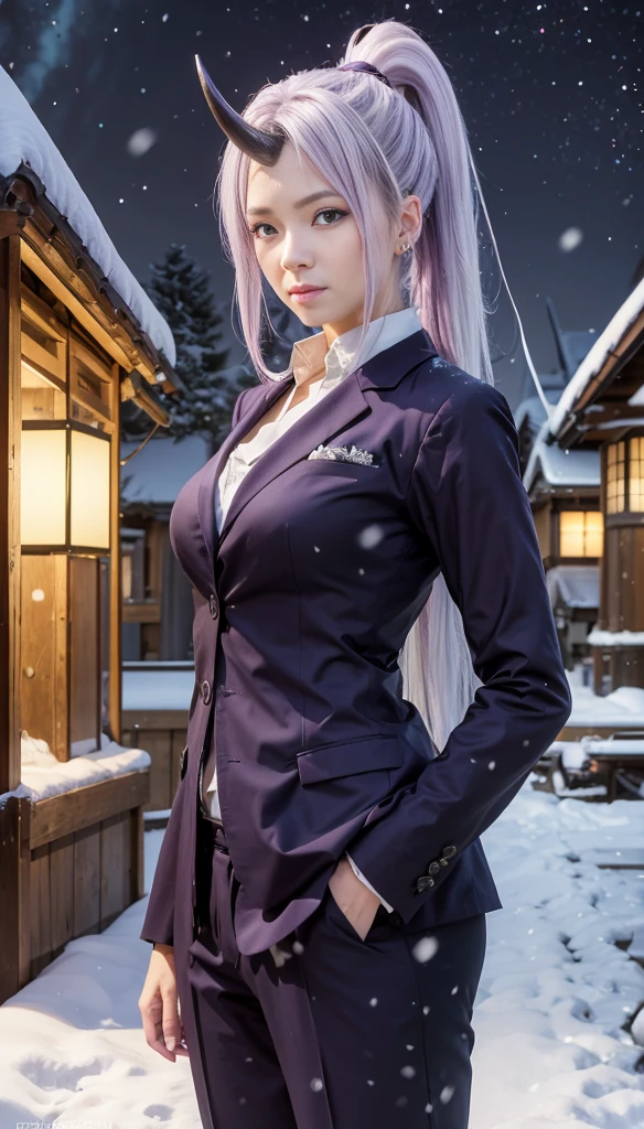 photorealistic, (4k), depth of field, (Masterpiece), (realistic skin texture), 1girl,shion,extremely detailed, intricate, hyper detailed, professional photography, bokeh, high resolution, sharp detail, best quality, woman,  purple hair, ponytail, purple eyes,  purple suit, purple pants, horn, head down , japanese architecture, torii, winter, (snowing:1.3), snowflakes, cold, freezing, stars, (night sky:1.3), snowy road, smile,