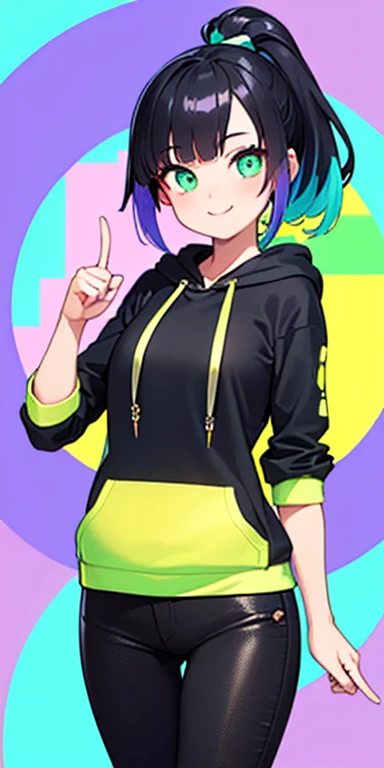 (black hair,colorful fluorescence multicolored  hair:1.5,ponytail:1.5), (masterpiece, sidelights, exquisite beautiful eyes: 1.5), masterpiece*portrait, realistic, ((Colorful background of different colors:1.5)),(Gentle face:1.5),colorful,3D face,(cute face),front view: 1.6、((double finger gun  sign:1.5))、 (glowing green eyes:1.2),(tareme:1.5)、(cute smile:1.5),,Slim Body, shiny hair, shiny skin: 1.5、medium breasts,、solo,(stand)、(hoodie:1.5)、(charactor focus:1.5、portlate、eye focus,cowboy shot)、bright atmosphere,intricatedetails