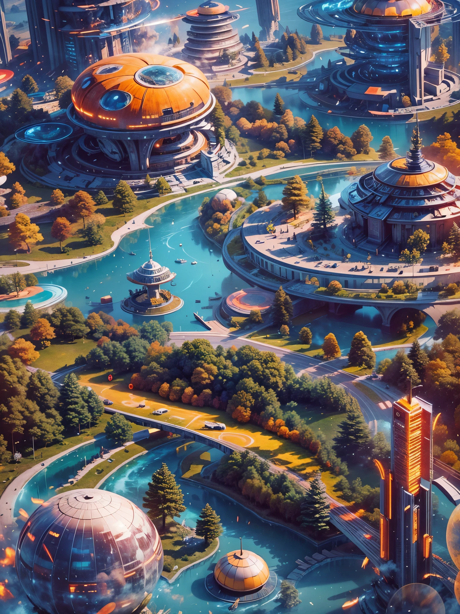 Create an image of  a futuristic world with ultra-technologic elements and over-developed citizens living 1000 years from now, in an ultra realistic landscape, with vibrant colors, 4k, cinematic lighting, natural lighting, vibrant multicoloured lighting, film grain, cinematic lighting, high detail, photoreal, photorealistic, volumetric lighting and shading  