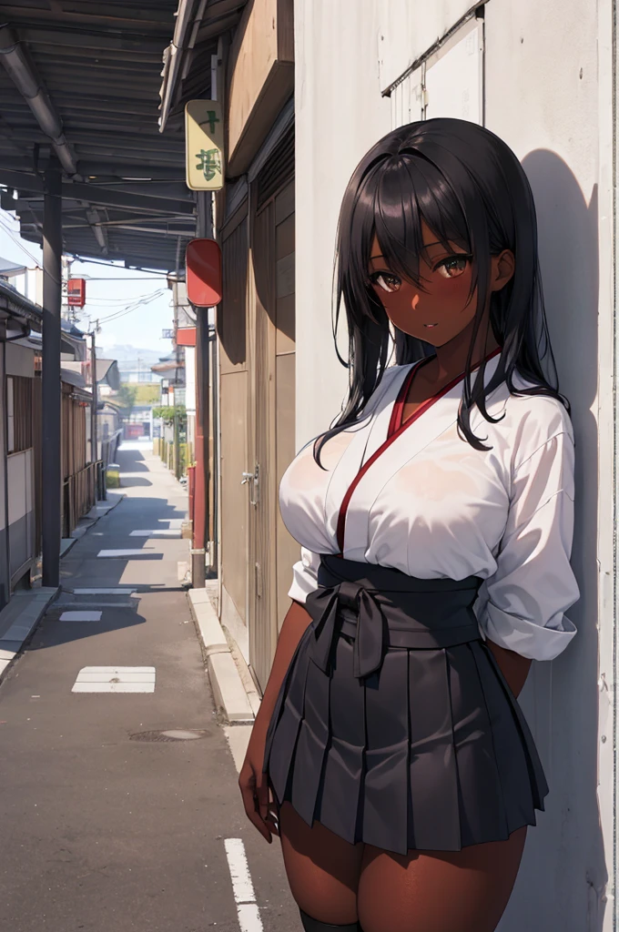 1girl, solo, 
nagatoro_hayase, brown eyes, black hair, long hair, dark skin, dark-skinned female, tan, tanlines, hairclip, , white shirt, collared shirt, pleated skirt,cowboy shot, outdoors,old city,night time grin, best quality, masterpiece,naked,show tits,tongue out