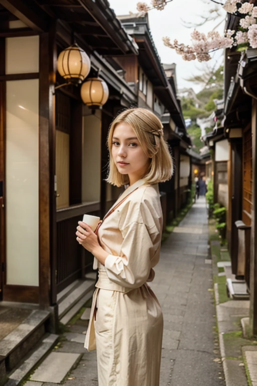 Blonde, thin Instagram girl in a vintage-inspired outfit, exploring the historic streets of Kyoto, Japan, surrounded by traditional tea houses and cherry blossoms.