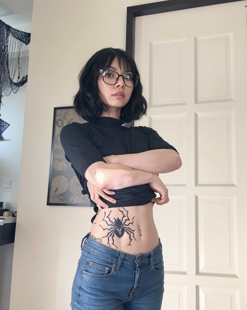 arafed woman with glasses and a spider tattoo on her stomach, half human half spider, ( ( spiderwoman ) ), spider woman, inspired by Leng Mei, of taiwanese girl with tattoos, her belly button is exposed, temporary tattoo, realistic cosplay, inspired by Junji Ito, arachnophobia, with tattoos, full body picture, scary pose