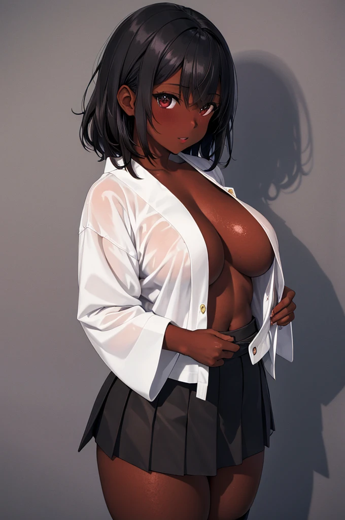 (8k ultra HD quality, best quality, art, high quality, perfect light, absurd, ultra detailed: 1.21, woman, alone, dark-skinned woman, black hair, dark skin, big breasts, sexy, Japanese school costume, portrait, black knee-high socks, sexy student, parted lips, dark eyes, looking at viewer, Japan street background, huge breasts, small sample, sexy, olive skin, dark skin, holding breasts, wallpaper, short skirt, high school girl sexy.