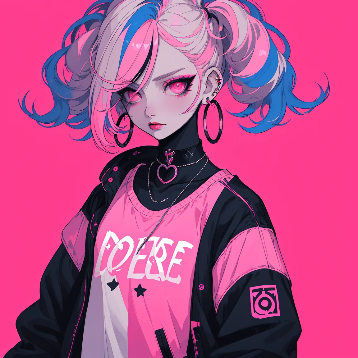 Upper body standing painting, Rainbow style, (1 ), (minimum, Tiny), (solo), Equal scale reduction, Long gray hair, looking at viewert, blue eyes background, white backgrounid, jewely, jaket, with pink hair, ear nipple ring, a pink eyes, choker necklace, Sweaters, eyeslashes, cosmetics, curlies, Punching, lipsticks, Ear piercing, eye shadows, hoop earings, red pink lips, Multicolored eyes, Pink theme, Pink eyeshadow,