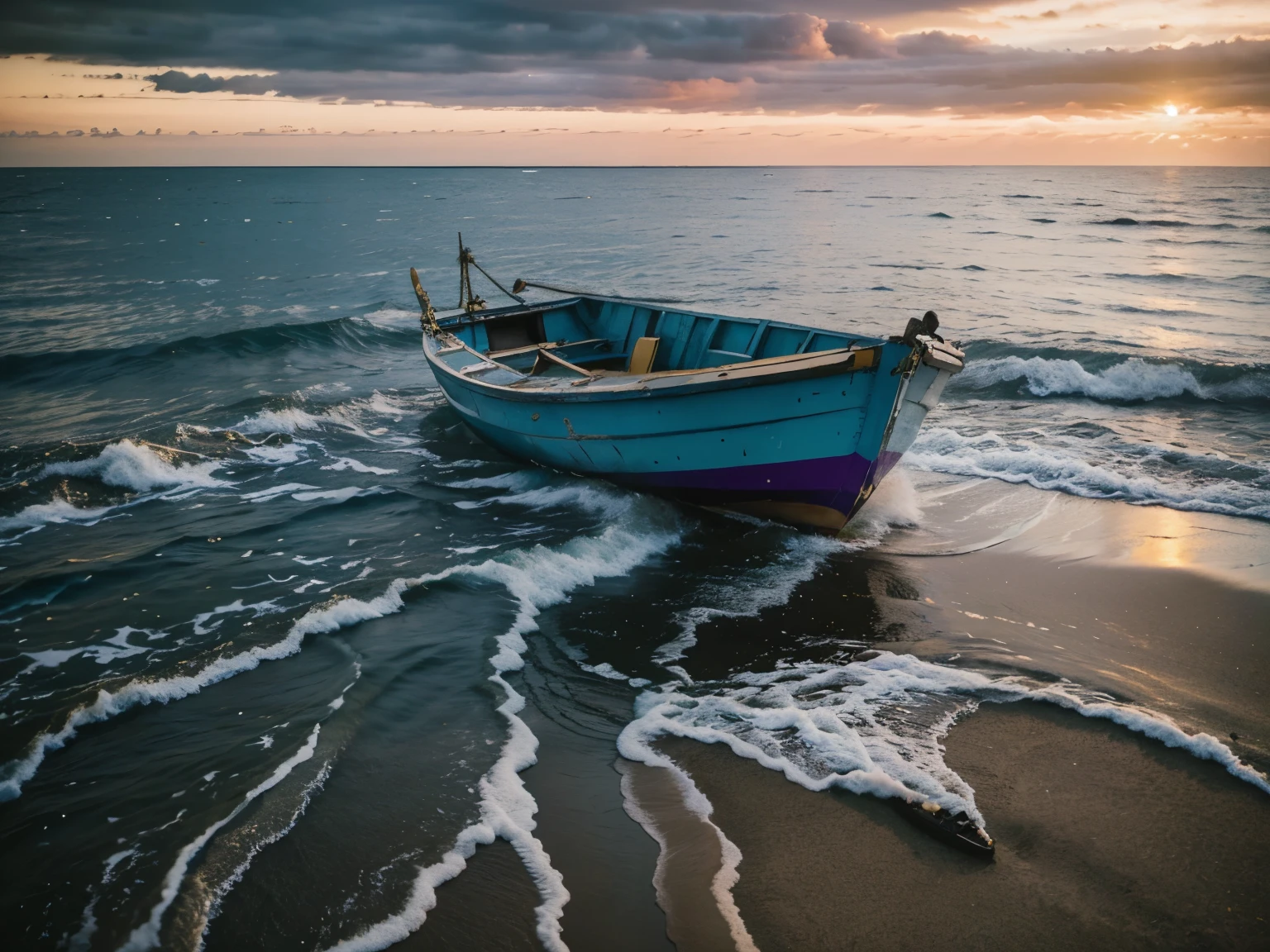 Landscape photography cemetery composition, beach and sea, interesting subject fishing boat place on rules of thirds, the water silky smooth, long exposure of the clouds, sunset, blue ,Gold hours Lightroom presets color blue, purple yellow, ar