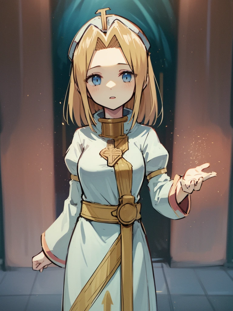 ((Mint Adnade from Tales of phantasia)), 1girl, solo, a priest, 18yo, blond long hair, ((straight hair)), deep blue eyes, Raising bangs, ((Forehead)), large tits, blue hat, ((blue long vestment)), have a oak cane, full body shot, she is spelling Healing magic,

masutepiece, Best Quality, (the Extremely Detailed CG Unity 8K Wallpapers), (Best Quality), (Best Illustrations), (Best Shadows), 
 (((Particle effect))), Isometric 3D, Octane Rendering, Ray tracing, super detailed,