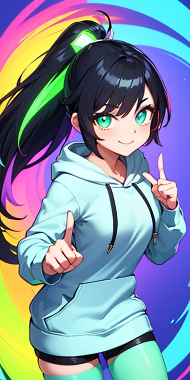 (black hair,colorful fluorescence multicolored hair:1.5,ponytail:1.5), (masterpiece, sidelights, exquisite beautiful eyes: 1.5), masterpiece*portrait, realistic, ((Colorful background of different colors:1.5)),(Gentle face:1.5),colorful,3D face,(cute face),front view: 1.6、((double finger gun:1.5))、 (glowing green eyes:1.2),(tareme:1.5)、(cute smile:1.5),,Slim Body, shiny hair, shiny skin: 1.5、medium breasts,、solo,(stand)、(hoodie:1.5)、(charactor focus:1.5、portlate、eye focus,cowboy shot)、bright atmosphere,intricatedetails