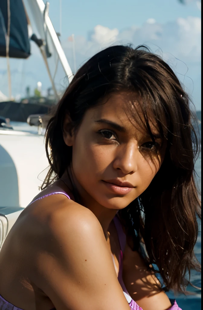 Photographie naturelle ;une belle fille colombienne, de 22 ans, long cheveux. Position normal sur un bateau.