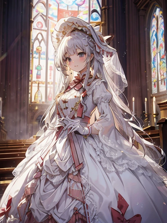 In front of the altar of a majestic church、(blurred background)、brighter light、golden long hair girl、classic white wedding dress、(elegant luster)、(Lots of races)、lots of ribbons、((voluminous puff sleeves))、long cuffs with many buttons、golden embroidery、long train、white embroidered gloves、five fingers、laughter、Redness of the cheeks