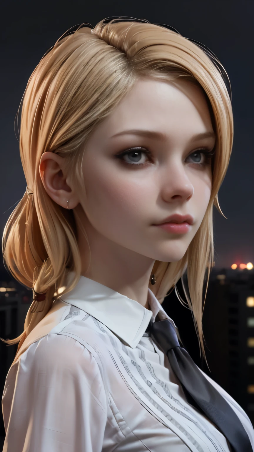 photo of Avril Lavigne, RAW, beautiful woman, ((portrait)), ((detailed face:1.2)), ((detailed facial feature, detailed skin, clear skin), (perfect proportioned body), (wearing a shirt dress & tie) (high detailed city environment, apartment balcony), (realistic photo, best quality, detailed), (8k wallpaper), (cinematic lighting, dramatic lighting) (sharp focus, intricate)