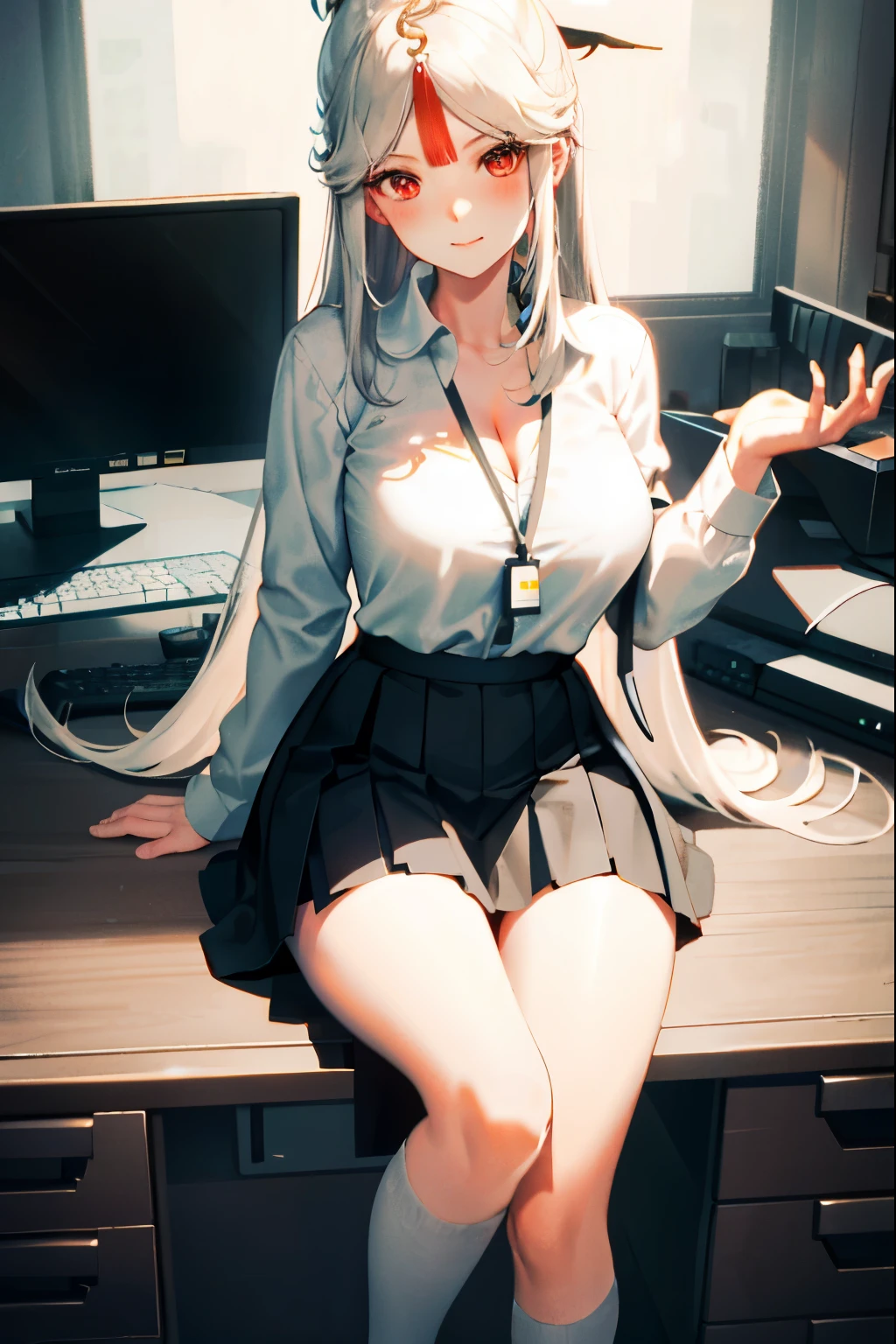 Ningguang, 1girl, solo, ((white shirt)), black thighhighs, breasts, cleavage, uniform, office background, black skirt, pleated skirt, office, hair between eyes, hair ornament, large breasts, long hair, looking at viewer, silver hair, silver short nails, red eyes, solo, thighhighs, thighs, very long hair, ((masterpiece)), sitting, chair, desk, computer on desk, name tag, id tag, indoor, blush, sexy pose, hands behind,