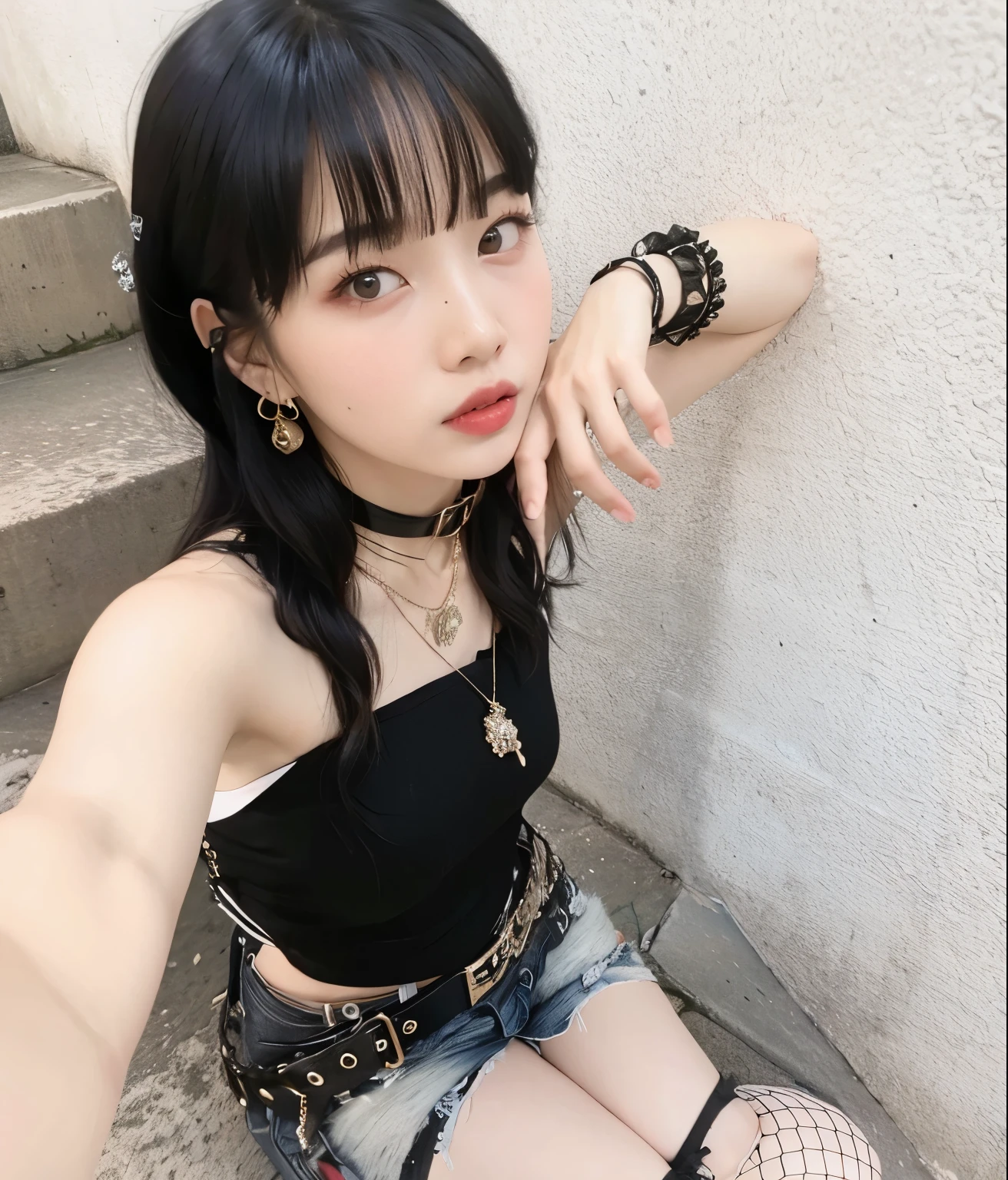 there is a woman sitting on the steps with a black top, 1 7 - year - old anime goth girl, chiho, 1 7 - year - old goth girl, shiori teshirogi, sui ishida with black hair, kotegawa yui, cruel korean goth girl, black hime cut hair, shikamimi, hana yata, joy red velvet