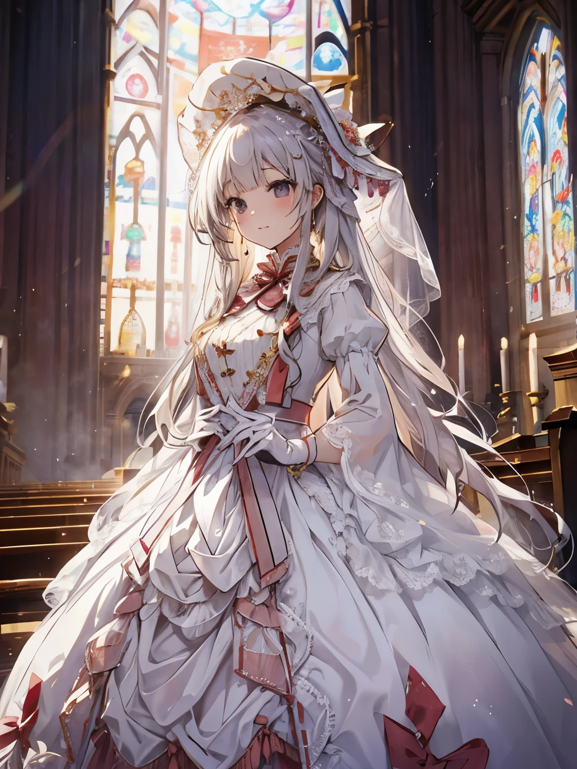 In front of the altar of a majestic church、（blurred background）、brighter light、golden long hair girl、classic white wedding dress、（elegant luster）、（Lots of races）、lots of ribbons、((voluminous puff sleeves))、long cuffs with many buttons、golden embroidery、long train、white embroidered gloves、five fingers、laughter、Redness of the cheeks