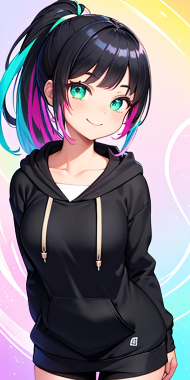 (black hair,colorful fluorescence multicolored  hair:1.5,ponytail:1.5), (masterpiece, sidelights, exquisite beautiful eyes: 1.5), masterpiece*portrait, realistic, ((Colorful background of different colors:1.5)),(Gentle face:1.5),colorful,3D face,(cute face),front view: 1.6、((フィンガーフレーム:1.5))、 (glowing green eyes:1.2),(tareme:1.5)、(cute smile:1.5),,Slim Body, shiny hair, shiny skin: 1.5、medium breasts,、solo,(stand)、(hoodie:1.5)、(charactor focus:1.5、portlate、eye focus,cowboy shot)、bright atmosphere,intricatedetails