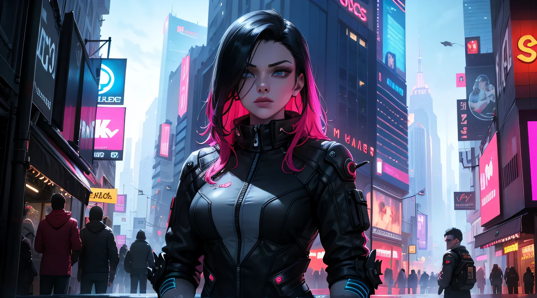 A woman in a futuristic city with neon lights and a neon sign - SeaArt AI