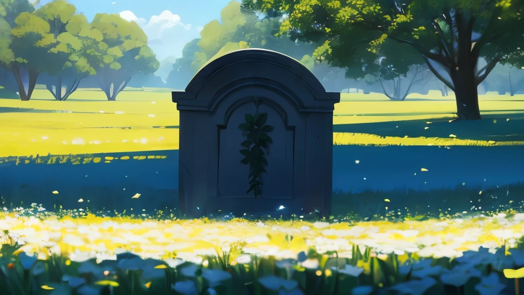 Create an image featuring a vast expanse of white flower fields, with one tombstone prominently placed closer to the viewer, set against a summer blue sky and surrounded by a lush green forest. Exclude any unnecessary foreground shadows.