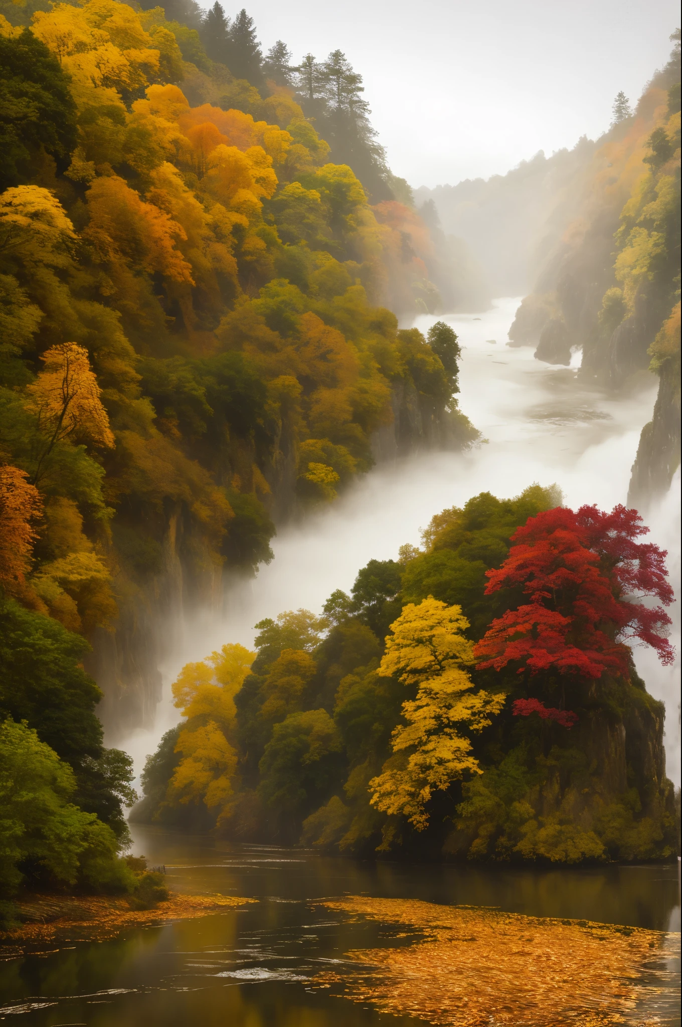 An image of a majestic river, shrouded in dense mist, trees lining its banks with vibrant autumn colors. A small waterfall cascades down from the cliffside, creating a misty veil that adds to the mystical atmosphere. The scene, reminiscent of impressionist masters Monet, Pissarro, and Sisley, has won multiple awards in photography contests. Every detail is intricately rendered in the CG unity 8k wallpaper, from the textures of the tree bark to the gentle reflections on the river's surface. Chromatic aberration adds a subtle, artistic touch, while HDR and bloom enhance the rich colors and contrast.
