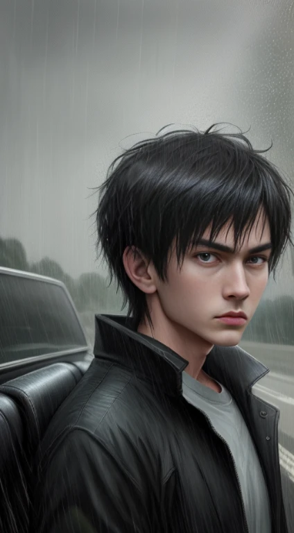 Gloomy night,rain pours down。The protagonist drives,Get lost on the vast highway。completely realistic, Full high resolution, Well made,Rich in details