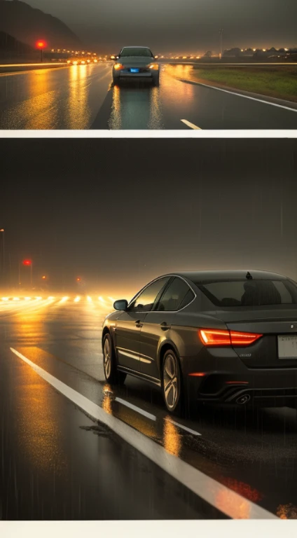 Gloomy night,rain pours down。The protagonist drives,Get lost on the vast highway。completely realistic, Full high resolution, Well made,Rich in details