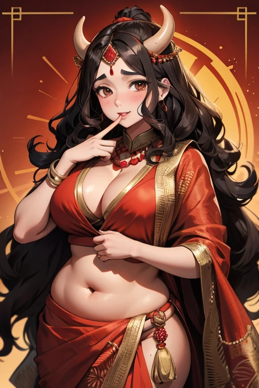 brunette wavy hair,Red Sari,black eyes、Indian elements,Brown woman、plump body shape、Cow horns on the head