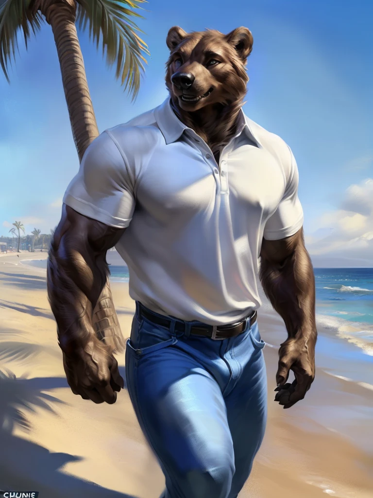 4k, high resolution, best quality, perfect colors, perfect shadows, perfect lighting, posted on e621, furry body, solo, anthro brown bear, (monotone brown fur, brown snout:1.3), male, adult, brutal, masculine, (veiny biceps, broad shoulders, very muscular, buff, manly, heavyweight:1.3), bare torso, correct anatomy, (photorealistic fur, detailed fur, epic, masterpiece:1.2), (detailed southern town background, (ocean drive street, Oceanside, daytime, palms, sunshine), sexy shadows, (by Chunie, by Rukis, by Taran Fiddler, Bonifasko lighting), (blue jeans:1.2), (white polo shirt:1.3), smiling