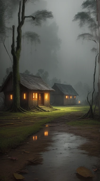 abandoned village, the interior of the country, Fallen trees, dark night,It rained heavily。completely realistic, Full high resolution, well done,Rico Detales