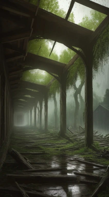 abandoned village, the interior of the country, Fallen trees, dark night，It rained heavily。completely realistic,  Full high resolution, well done，Rico Detales