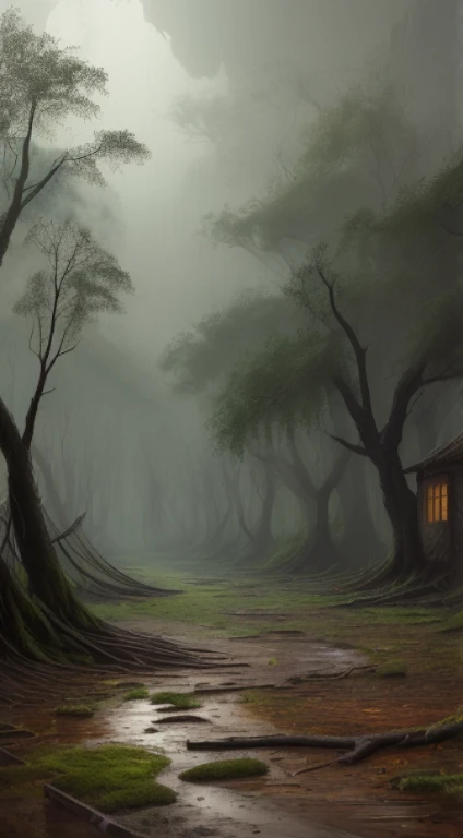 abandoned village, the interior of the country, Fallen trees, dark night,It rained heavily。completely realistic, Full high resolution, well done,Rico Detales