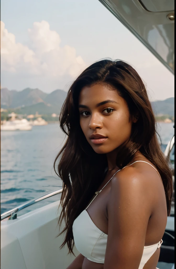 half body portrait of a purple streak brunette haired black skinned woman on a yacht shot on kodak gold 400