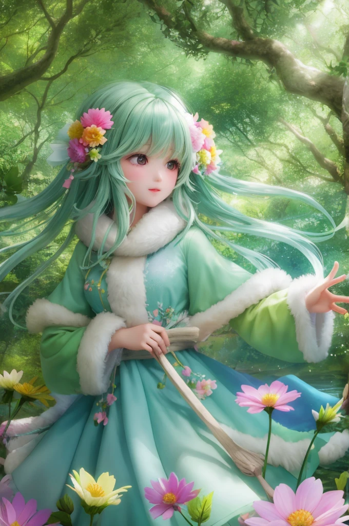 Girl in the forest with floating flowers, river, fluffy, fluffy cheeks, cute, 
Bright colors, Colorful art style, 
soft lighting, soft shadow, detailed texture, dynamic lighting, 
nice hands, perfect hands, 
