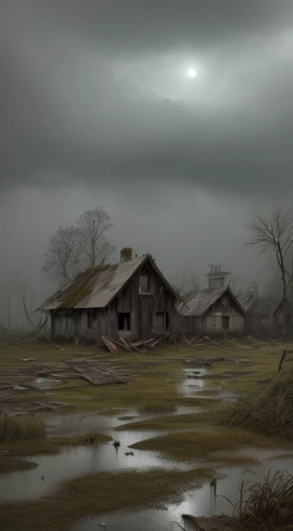 An abandoned village, the interior of the country, fallen trees, a dark night with heavy rain. (best quality, 4k, highres, masterpiece:1.2), ultra-detailed, (realistic, photorealistic, photo-realistic:1.37), HDR, UHD, studio lighting, extreme detail description, professional, vivid colors, bokeh, portraits, landscape, horror, a desolate atmosphere, desaturated colors, eerie lighting, surreal, mysterious, overgrown grass, broken windows, crumbling buildings, muddy ground, thick fog, abandoned belongings scattered around, cracked walls, rain-soaked streets, broken streetlights, moonlight shining through the clouds.