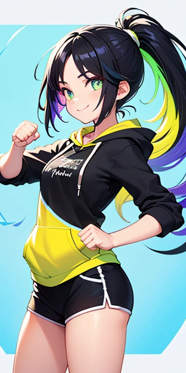 (black hair,colorful fluorescence multicolored hair:1.5,ponytail:1.5), (masterpiece, sidelights, exquisite beautiful eyes: 1.5), masterpiece*portrait, realistic, ((Colorful background of different colors:1.5)),(Gentle face:1.5),colorful,3D face,(cute face),front view: 1.6、((fist clash:1.5))、 (glowing green eyes:1.2),(tareme:1.5)、(cute smile:1.5),,Slim Body, shiny hair, shiny skin: 1.5、medium breasts,、solo,(stand)、(hoodie:1.5)、(charactor focus:1.5、portlate、eye focus,cowboy shot)、bright atmosphere,intricatedetails