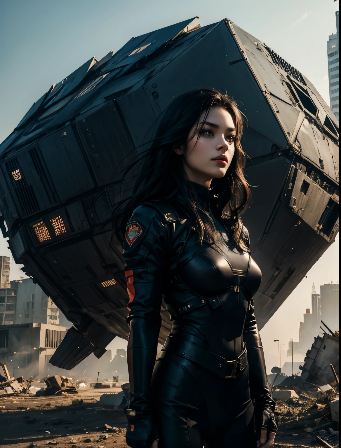  A beautiful woman. He has black hair that reaches down to his back. She is wearing black combat uniform. A woman stands in front of a small, hexagonal spaceship. The spaceship has landed in a city that has been reduced to a pile of rubble. The spaceship is black. 8K image quality. Different Burbank.