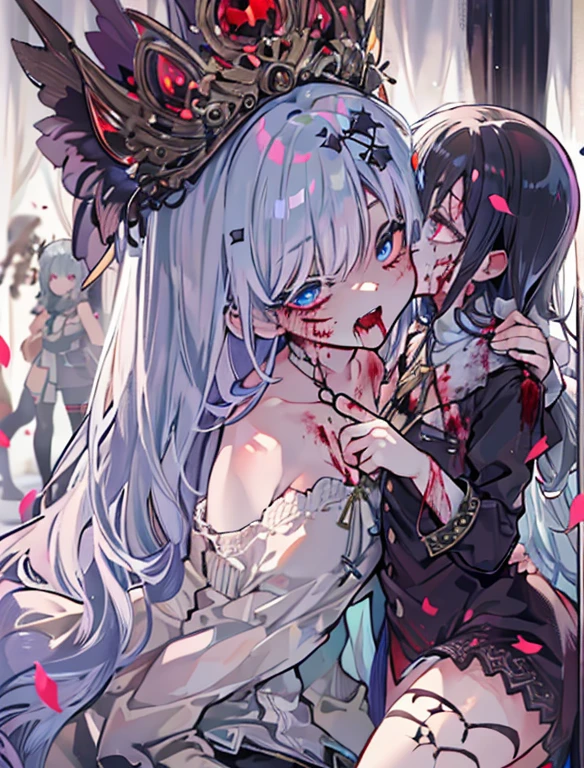 The zombie queen wears black stockings,wearing a crown,And her revealing clothes show off the perfect figure of the zombie queen,Huge exposed。Zombie Queen hugs a girl,Zombie queen eats girl,Kill the girl。The girl fell to the ground in pain。The zombie queen has blood-colored pupils and white hair。The girl who was eaten has black hair and blue eyes.