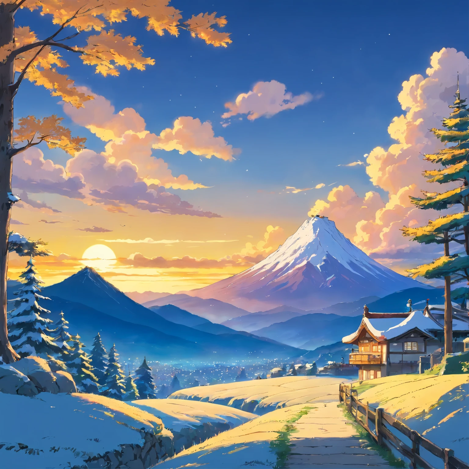 Landscape of mountain and evening golden view of winter feel on nostalgia and 1990