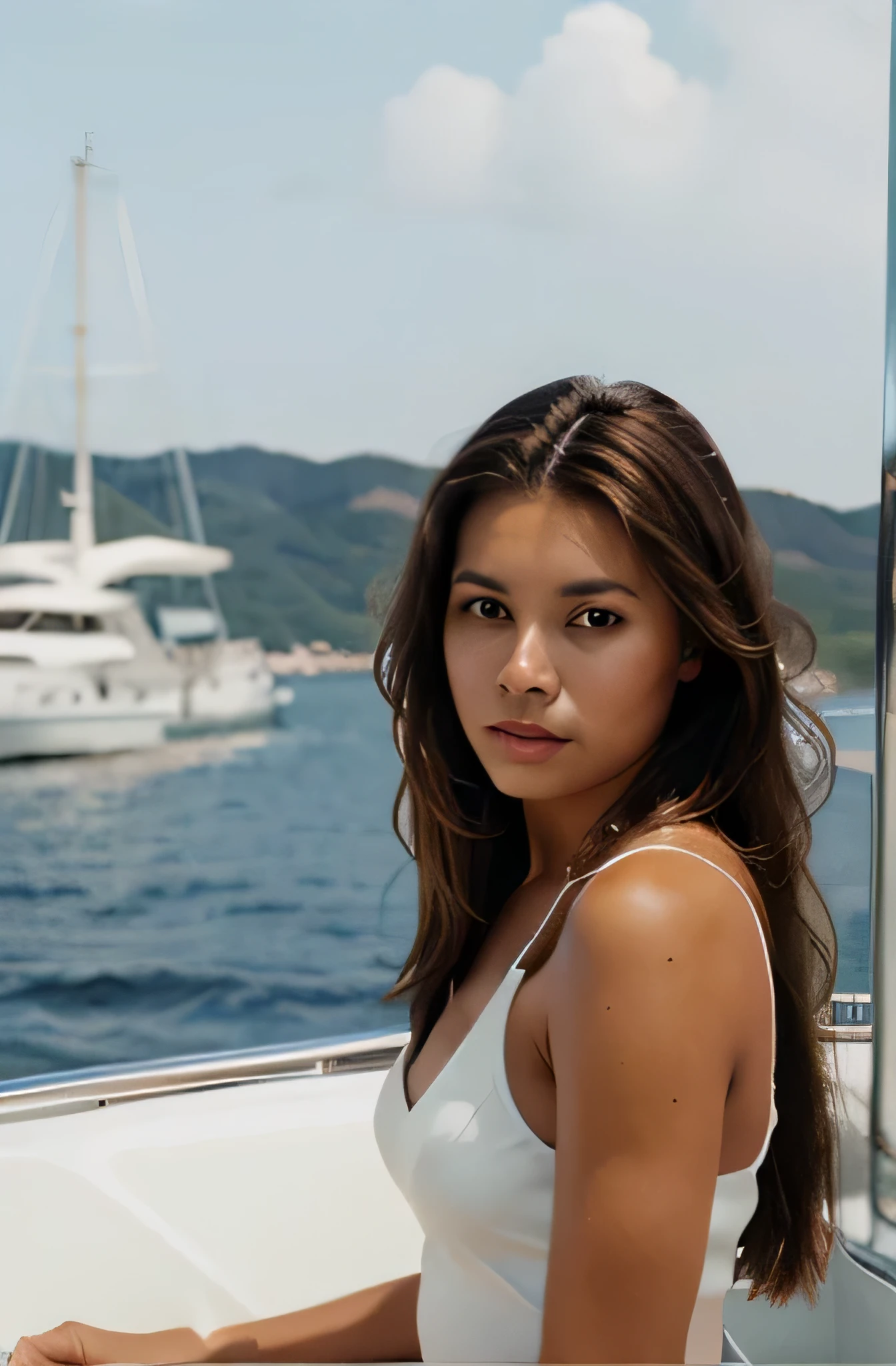 half body portrait of a purple streak brunette haired caramel skinned woman on a yacht shot on kodak gold 400