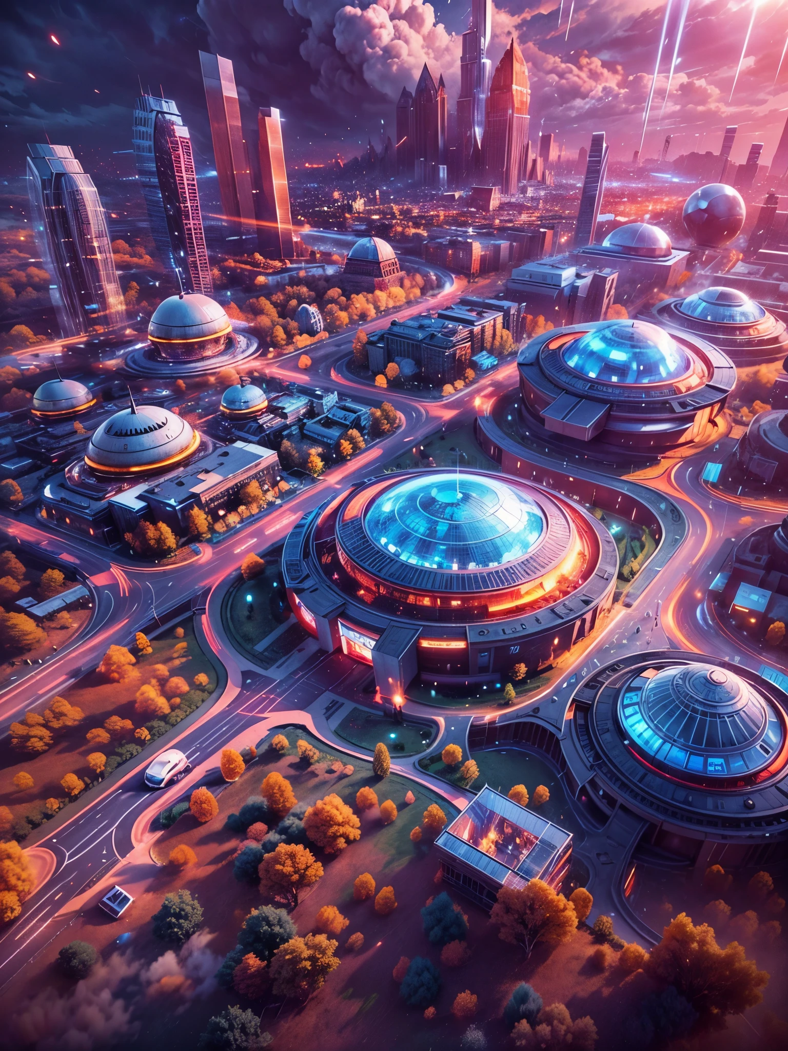 Create an image of  a futuristic world with ultra-technologic elements and over-developed citizens living 1000 years from now, in an ultra realistic landscape, with vibrant colors, 4k, cinematic lighting, natural lighting, vibrant multicoloured lighting, film grain, cinematic lighting, high detail, photoreal, photorealistic, volumetric lighting and shading  